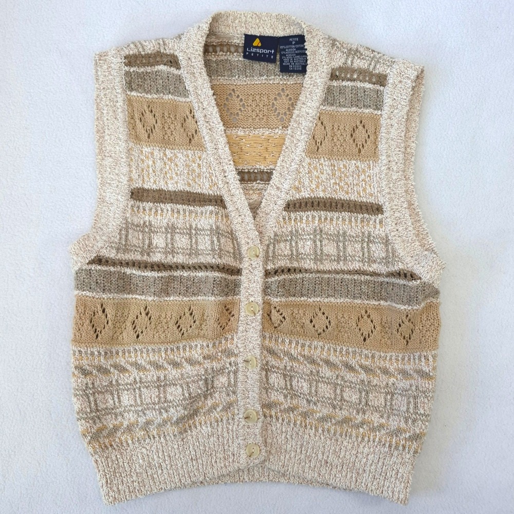 Lizsport Vintage 90s Knit Sweater Vest Tan Beige Petite Small Diamond Pointelle